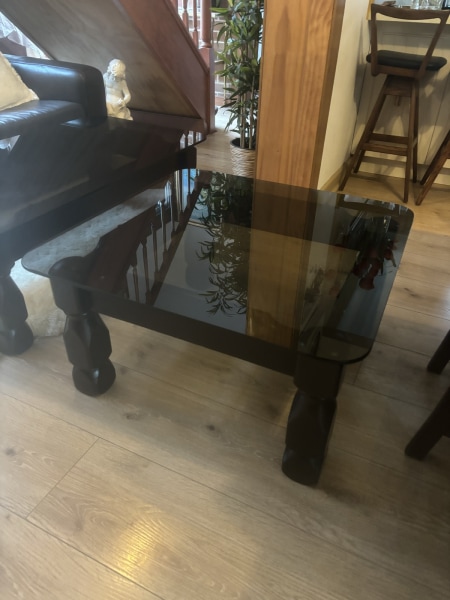 A set vintage coffee table & side table dark brown and tinted glass63437624961154112