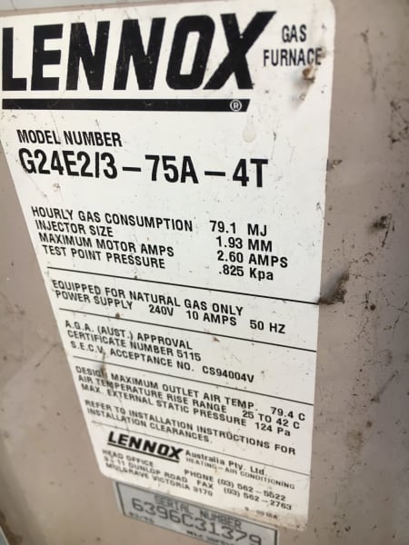 LENNOX DUCTED GAS HEATER PARTS  GOOD WORKING ORDER-MOD-G24E2/3-75A-4T.63016059911169111