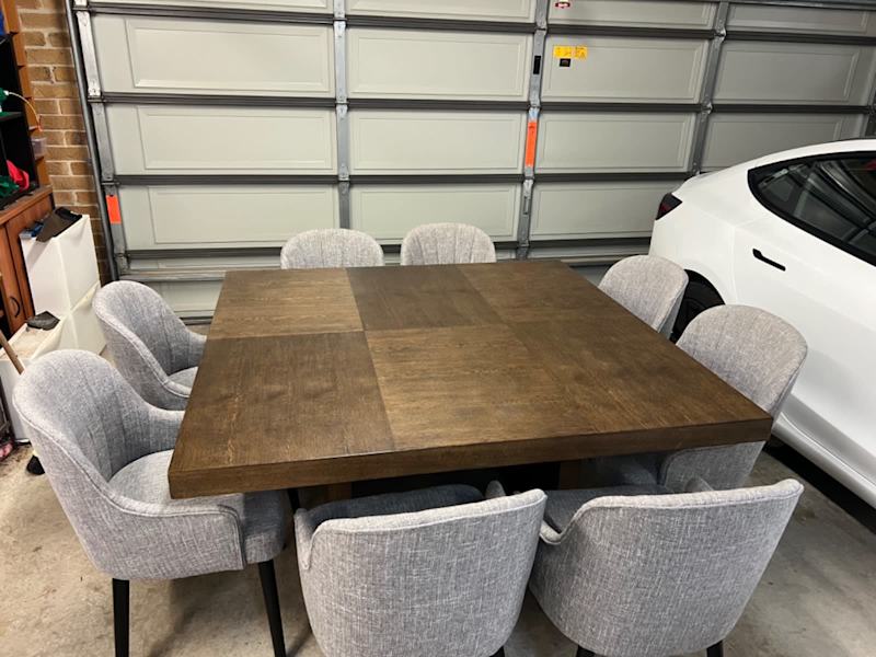 Dining setting - 1.5m square timber table - 8 Upholstered chairs62863406024833111