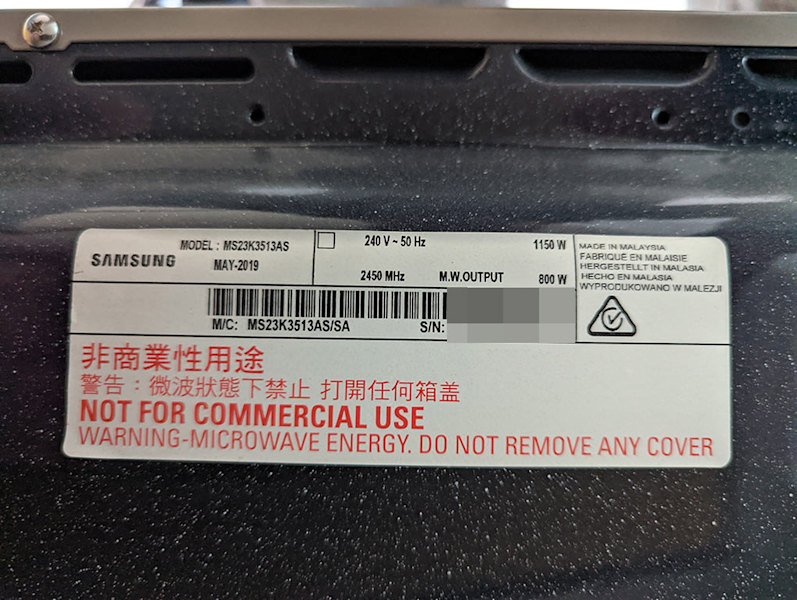 Samsung Microwave 23L 800W MS23K3513AS63019077305219112