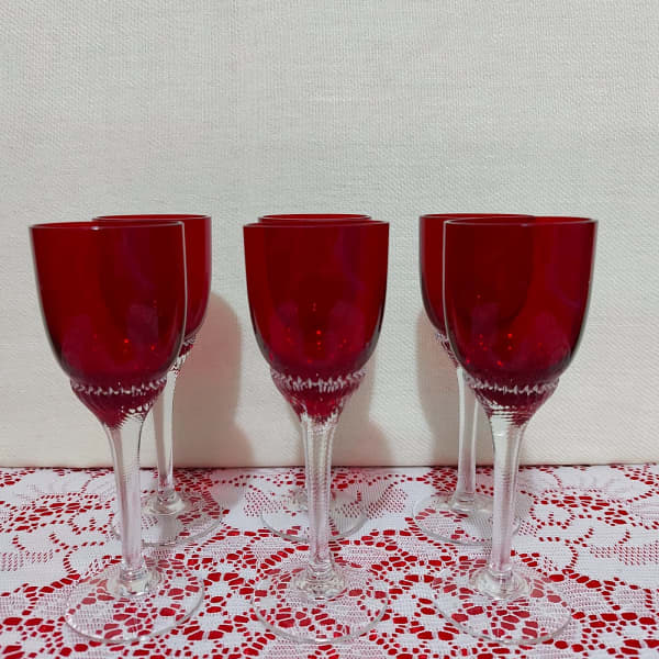 2 pc - Ruby Red Sasaki Crystal Wine Glasses Hand Blown Twisted Clear Stem