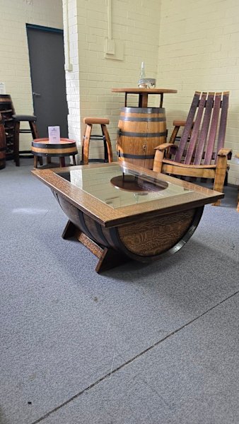 Barrel Coffee Table with Display Feature – Rustic & Sustainable62863380762370112