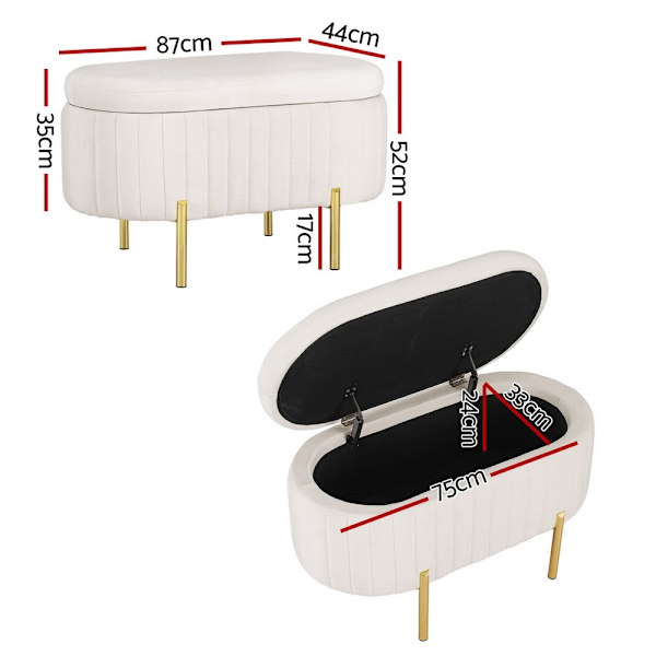 Storage Ottoman Blanket Box 87cm Velvet Oval White62863838168450113