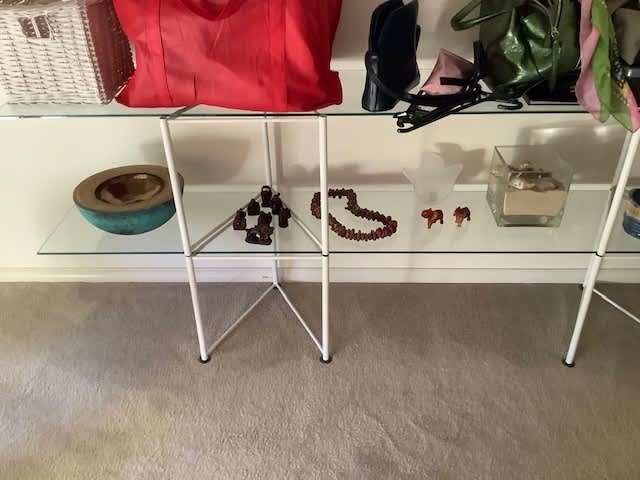 1980’s POST MODERN VINTAGE GLASS METAL 2 SHELF SIDE TABLE62863412271361112