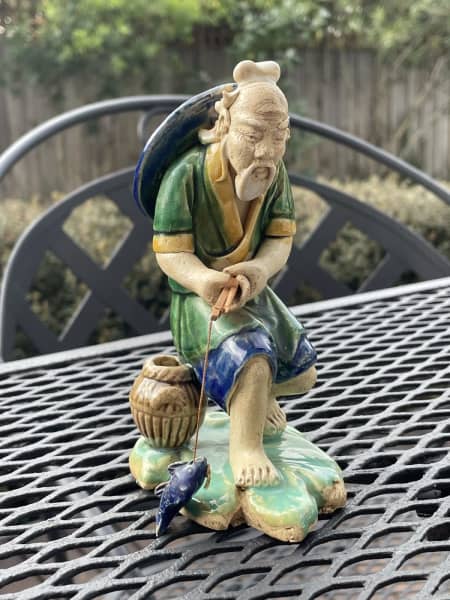 Vintage Chinese Old Man Fishing Fisherman Ceramic Figurine