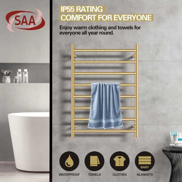 Brushed Gold 8 Bars Electric Heated Towel Rail Drying Round 820x600mm630087723453451126