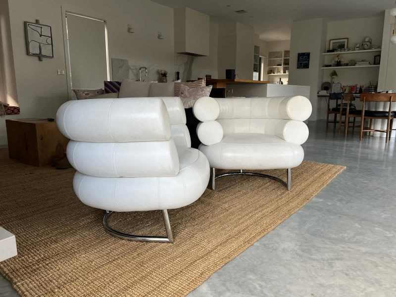 Pair of white leather Bibendum Armchairs by Classicon Eileen Gray 62863407092609111