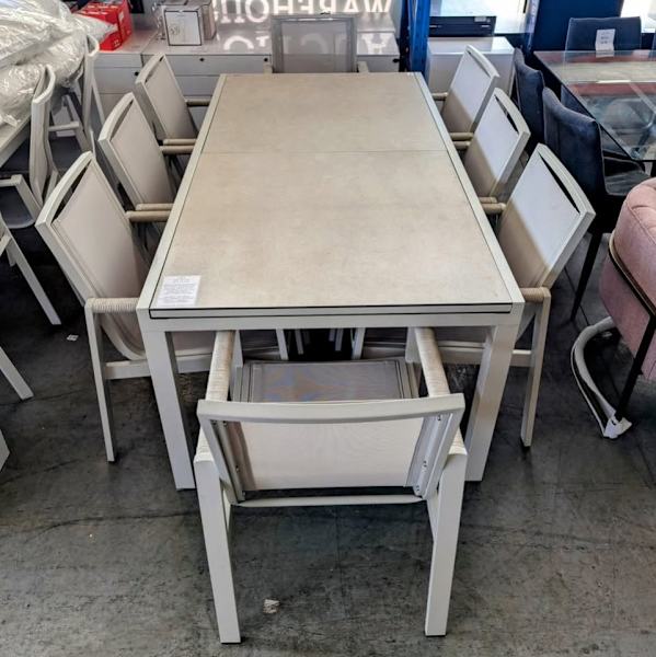 NEW 9PCS EXTENDED DINING SET WITH TEMPERED GLASS TOP IN BEIGE-$349963437624700033111