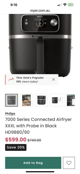 Philips 7000 Series Connected Airfryer XXXL With Probe In Black HD9880/90