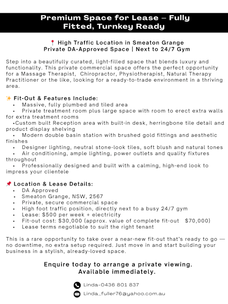 Spacious DA approved commercial room for lease.62995658351745111