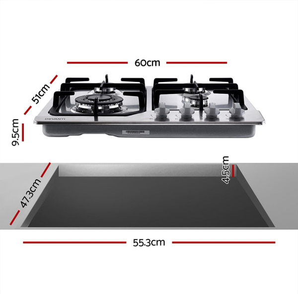 Gas Cooktop 60cm Gas Stove Cooker 4 Burner Cook Top Konbs NG LPG Steel63020447572867111