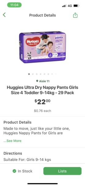 Huggies Ultra Dry Nappy Pants Girls Size 4 Toddler (9-14kg) - 29 Pack