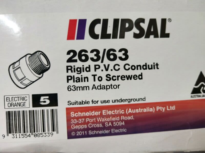 Clipsal 263/63 P.V.C conduit Plain 2 screwed 63mm orange adaptor X 563440109769475110