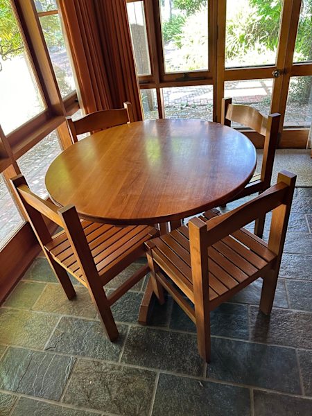 Round pine table and matching chairs and stools 62863378823683111