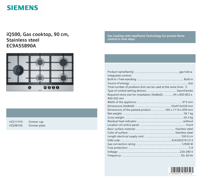 Siemens 90cm 5-Burner gas Cooktop63442798779779111