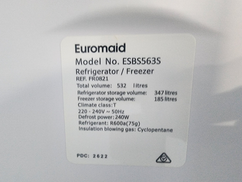 Euromaid Side By Side Fridge 563L ( Ex Display) RRP 169963017767729155114