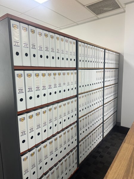 8 x Bookshelves and 400 x White Marbig Lever Arch File Folders (75mm)628633850105621126