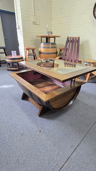 Barrel Coffee Table with Display Feature – Rustic & Sustainable62863380762370114