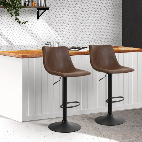 2x Bar Stools Vintage Leather Swivel Gas Lift Brown62864723457026113