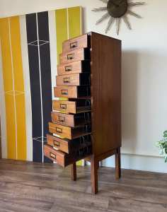 Tall Vintage Antique 10 Drawer Timber A4 Specimen Filing Cabinet