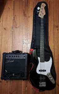4 string jazz bass guitar and amp