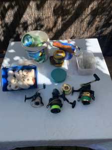 Fishing reels, swivels, blobs and spare line