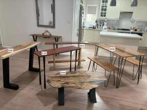 Variety of hand-made tables from various hardwoods, prices from $195