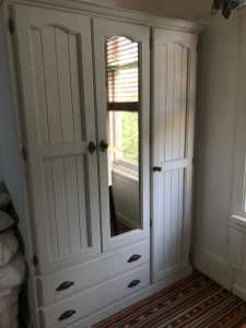 Large wooden french grey painted wardrobe with mirror
