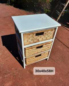 Bedside Table Wooden with 3 Rattan Drawers
