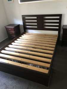 Queen size bed frame solid timber storage and bedside tables