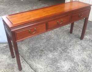 An Oriental Chinese Mahogany Three Drawer Console Hall Table