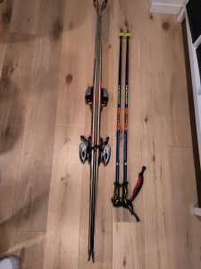 Snow skis bindings and poles with carry bag.