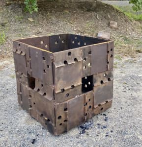 Steel Fire Pit - reclaimed train track plates