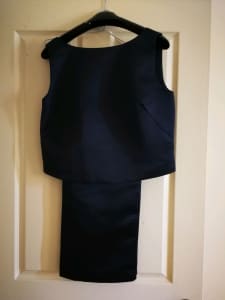 Navy Blue Satin Formal Outfit, Size 14 Top & Size 16 Skirt (New)