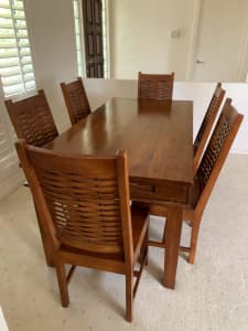 Solid timber 1.8m dining table and 6 high-back chairs (matching suite)
