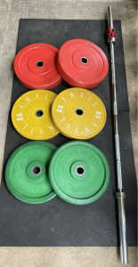 100kg Olympic weight plates with Olympic barbell and clips