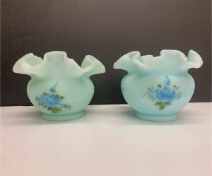 Fenton blue satin glass hand painted bowls (2) 9cm high. Perfect