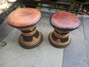 Mid-Century African Woven Rattan & Wicker Drum Stool with Leather Seat