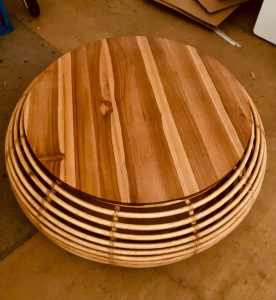 *Castlery* Cane & Wood Round Coffee Table. Removable Top. Honey Colour