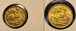 22k Gold 1909 full Gold Sovereign & 1909 1/2 Sovereign.
