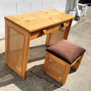 Timber with rattan panel accent desk and matching stool. 
