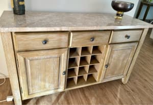 WHITEWASHED TIMBER & GENUINE MARBLE TOPPED BUFFET - LIKE NEW!