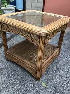 Vintage Wicker Square side table , Glass top
