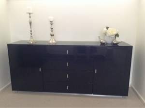 Glossy Black Sideboard / Buffet with Charcoal Glass Top - 2 Door