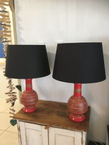 2 x over generous red porcelain lamps with brand new black shades