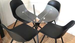 Dining Table Round Glass Black With Four Bucket Black Chairs