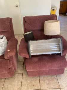2 rocker recliners, 2 lamps, electric heater, ironing board and hanger