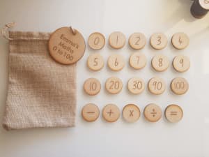Maths sets, engraved wooden discs, 0 to 30 or 0 to 100