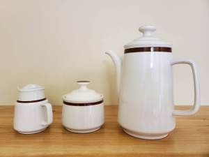 Vintage style coffee / tea pot, milk and sugar set - Genuine Stoneware