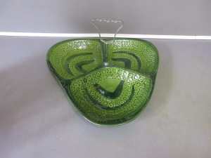 VINTAGE ITALIAN RETRO GREEN CERAMIC DIVIDED SERVING DISH WITH HANDLE